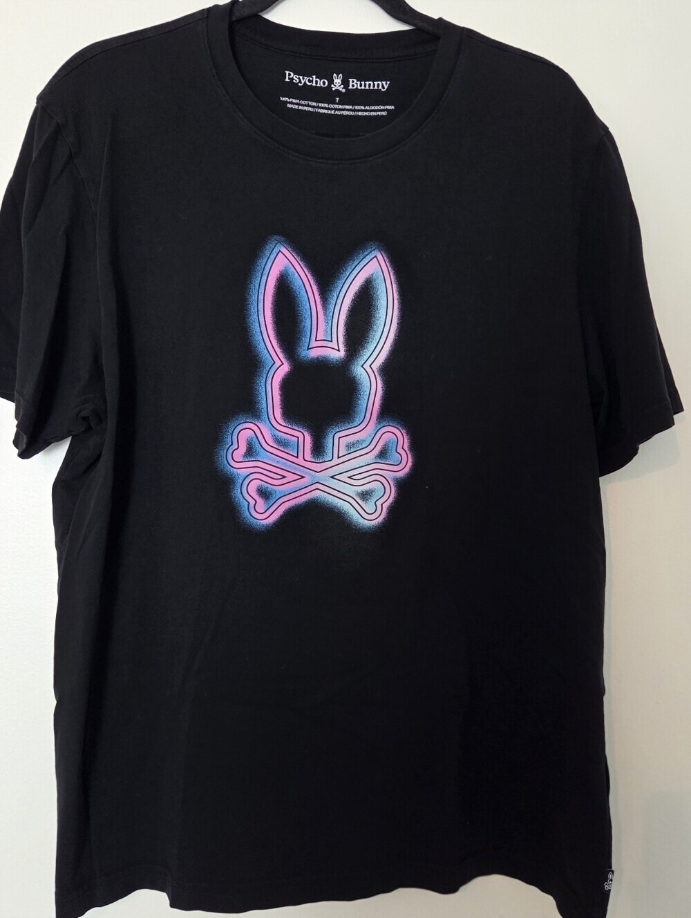 Psycho Bunny Black Tee with Pink & Blue Bunny Skull Size 7 XL